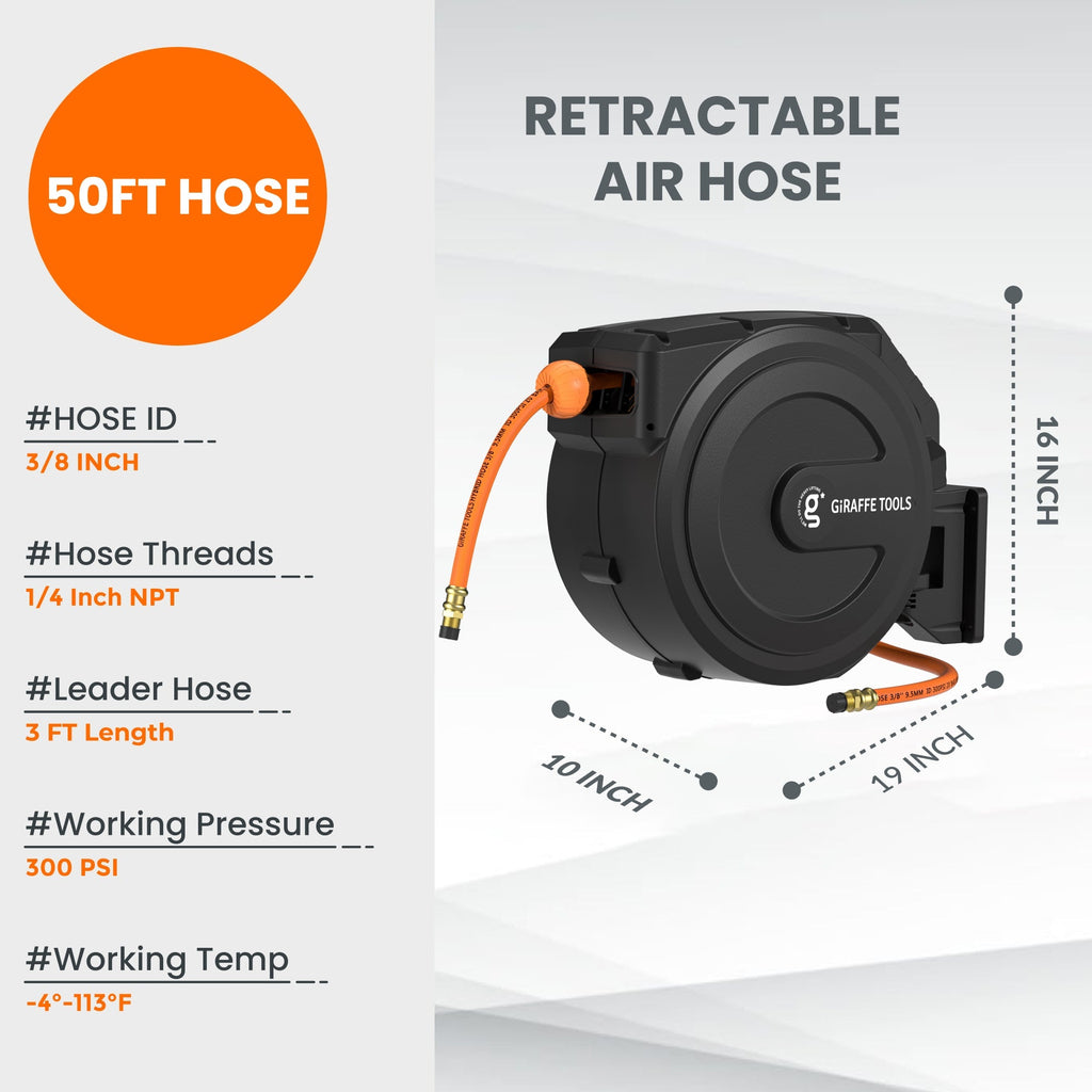 Retractable Air Hose Reel-PP Housing-3/8in-50ft-Retractable Air Hose Reel-Grease Monkey Garage