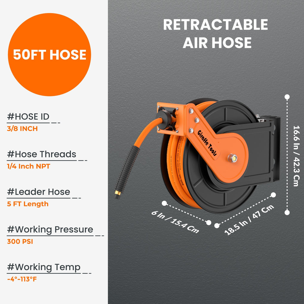 Retractable Air Hose Reel Plus-50ft-3/8in-Retractable Air Hose Reel-Grease Monkey Garage