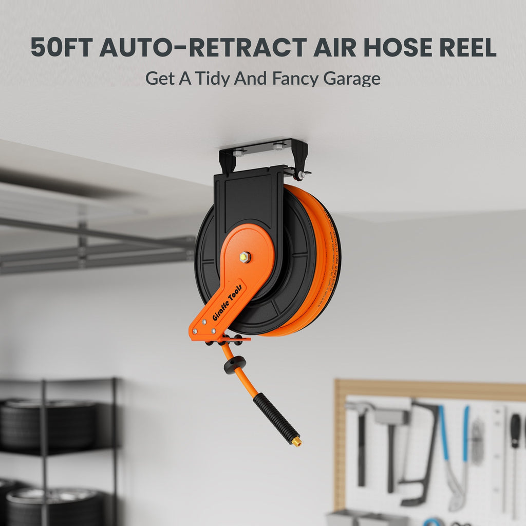 Retractable Air Hose Reel Plus-50ft-3/8in-Retractable Air Hose Reel-Grease Monkey Garage