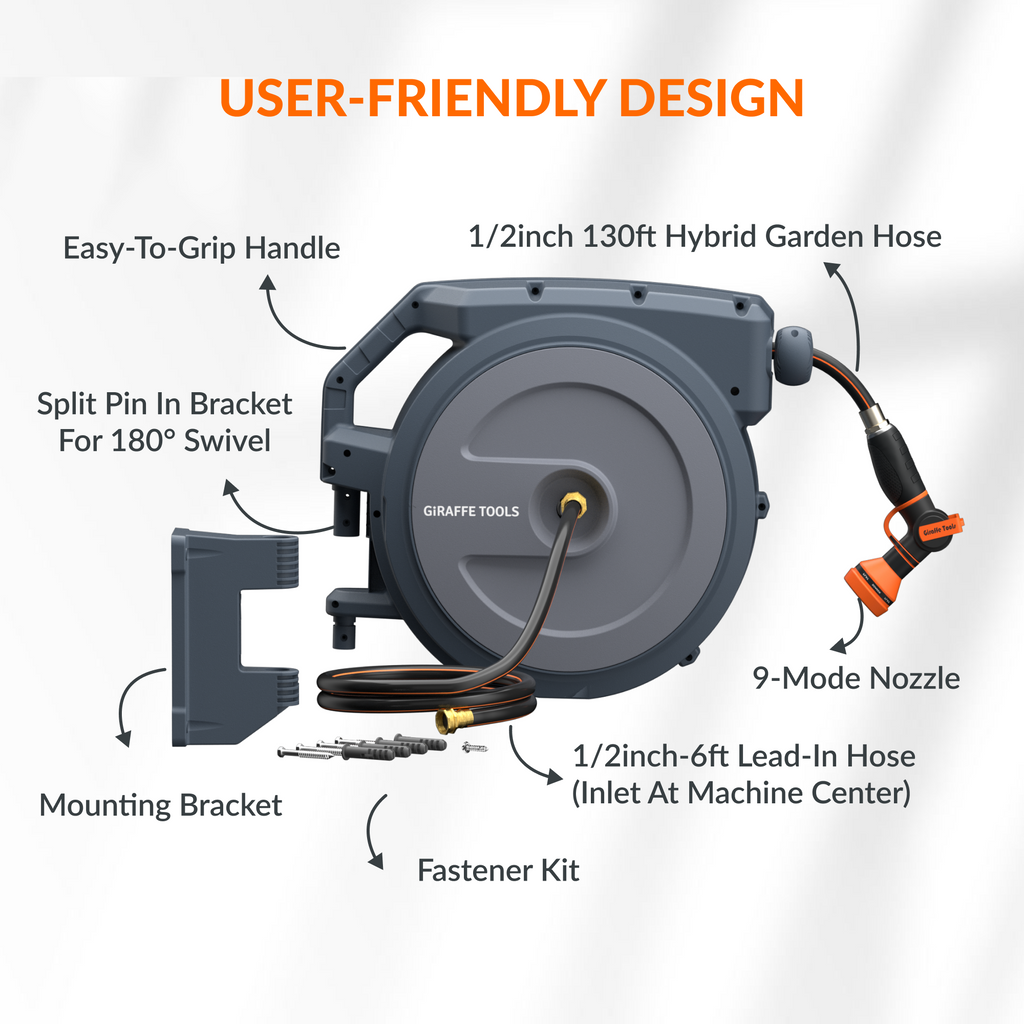 Retractable Garden Hose Reel-1/2in-130ft-Retractable Garden Hose Reel-Grease Monkey Garage