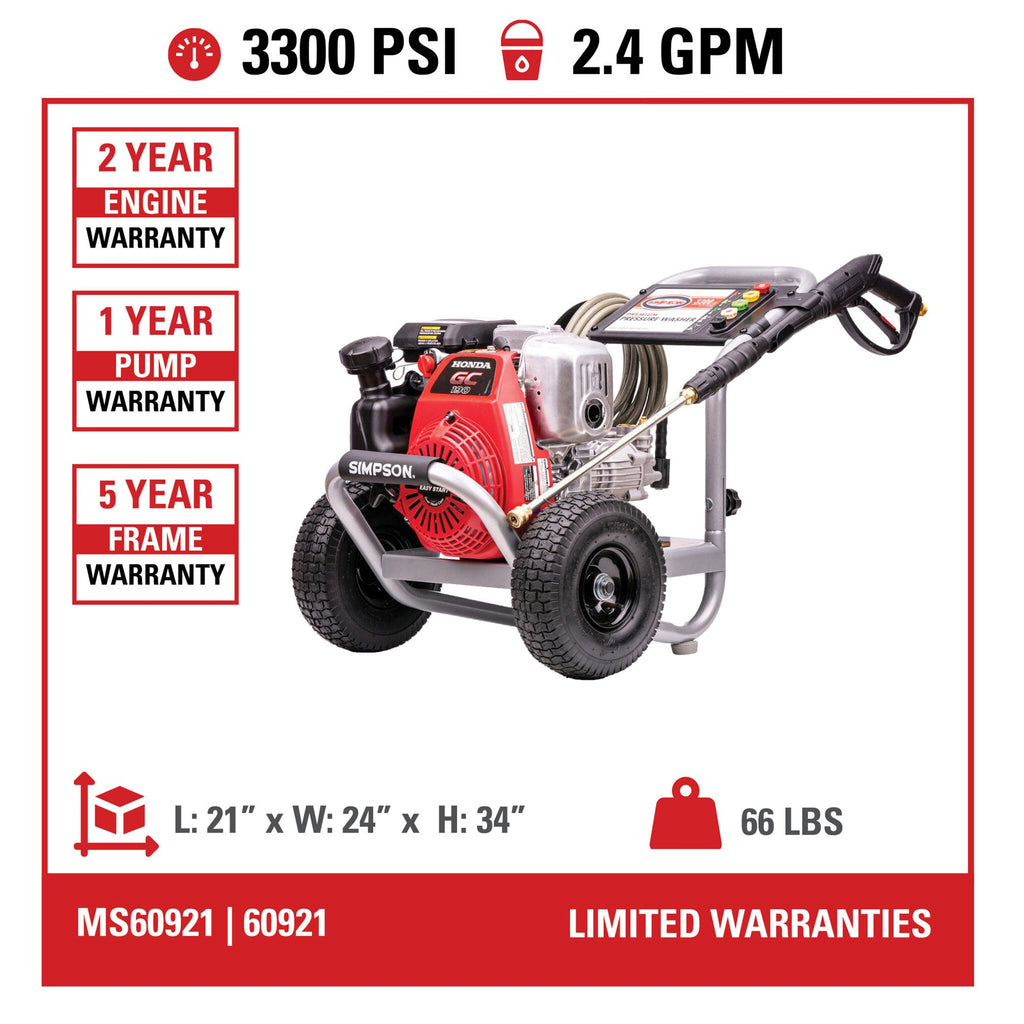 Simpson Cleaning MegaShot 3300 PSI 2.4 GPM Portable Pressure Washer with Nozzles-Home & Garden | Lawn & Garden | Outdoor Power Equipment | Pressure Washers-Grease Monkey Garage