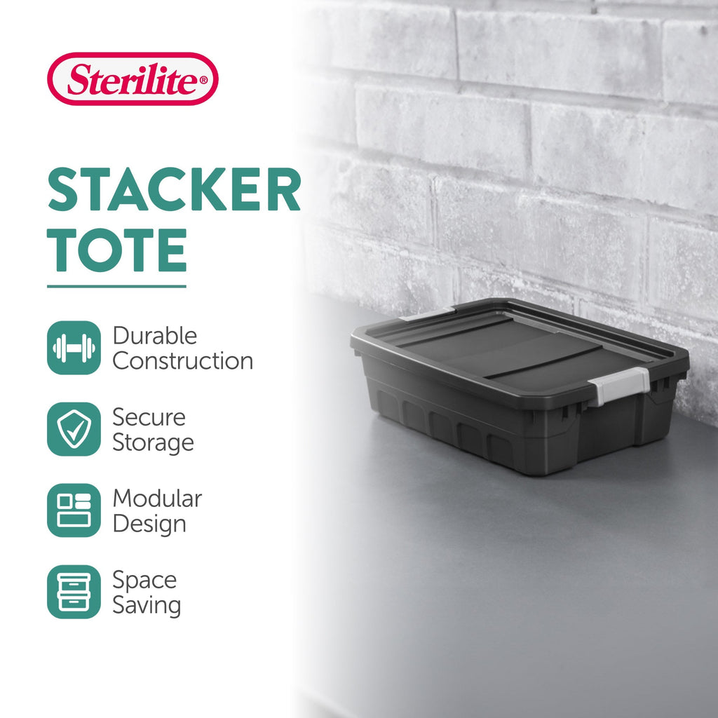 Sterilite 10 Gallon Industrial Stacker Storage Totes w/ Gray Clip Lids (12 Pack)-*Home&Garden | Household Supplies | Storage & Organization | Household Storage Containers-Grease Monkey Garage