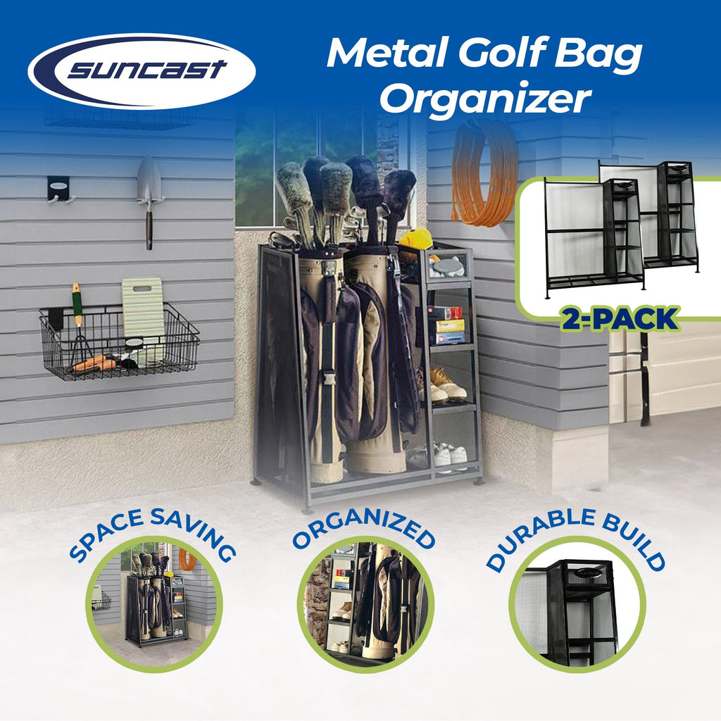 Suncast Metal Complete Golf Bag Organizer for Garage w/ Shelves & Bin (2 Pack)-Sporting Goods | Outdoor Recreation | Golf | Golf Bag Accessories | Golf Bag Carts-Grease Monkey Garage