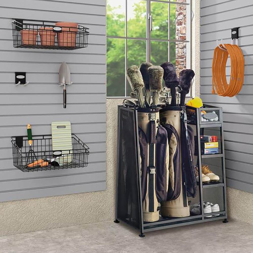 Suncast Metal Complete Golf Bag Organizer for Garage w/ Shelves & Bin (2 Pack)-Sporting Goods | Outdoor Recreation | Golf | Golf Bag Accessories | Golf Bag Carts-Grease Monkey Garage