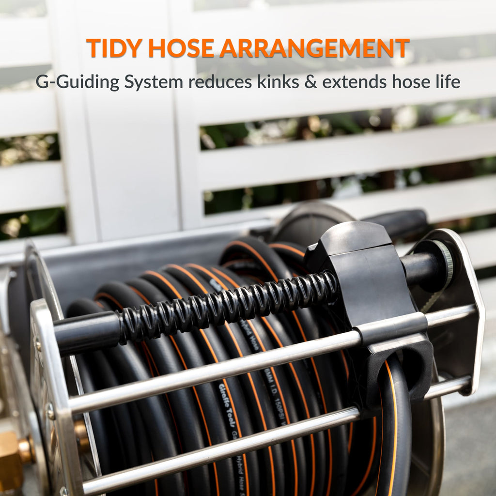 Wall Mounted Hose Reel-Stainless Steel-Manual Crank Garden Hose Reel-Grease Monkey Garage