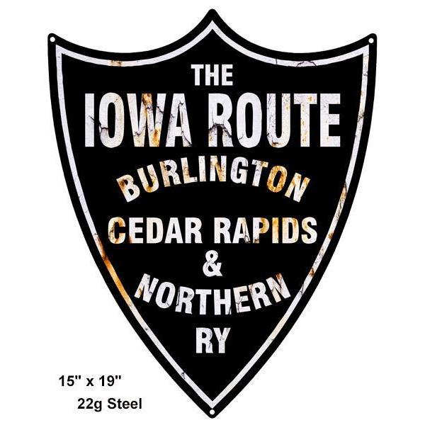 Aged The Iowa Route Railroad Laser Cut Metal Sign – Grease Monkey Garage
